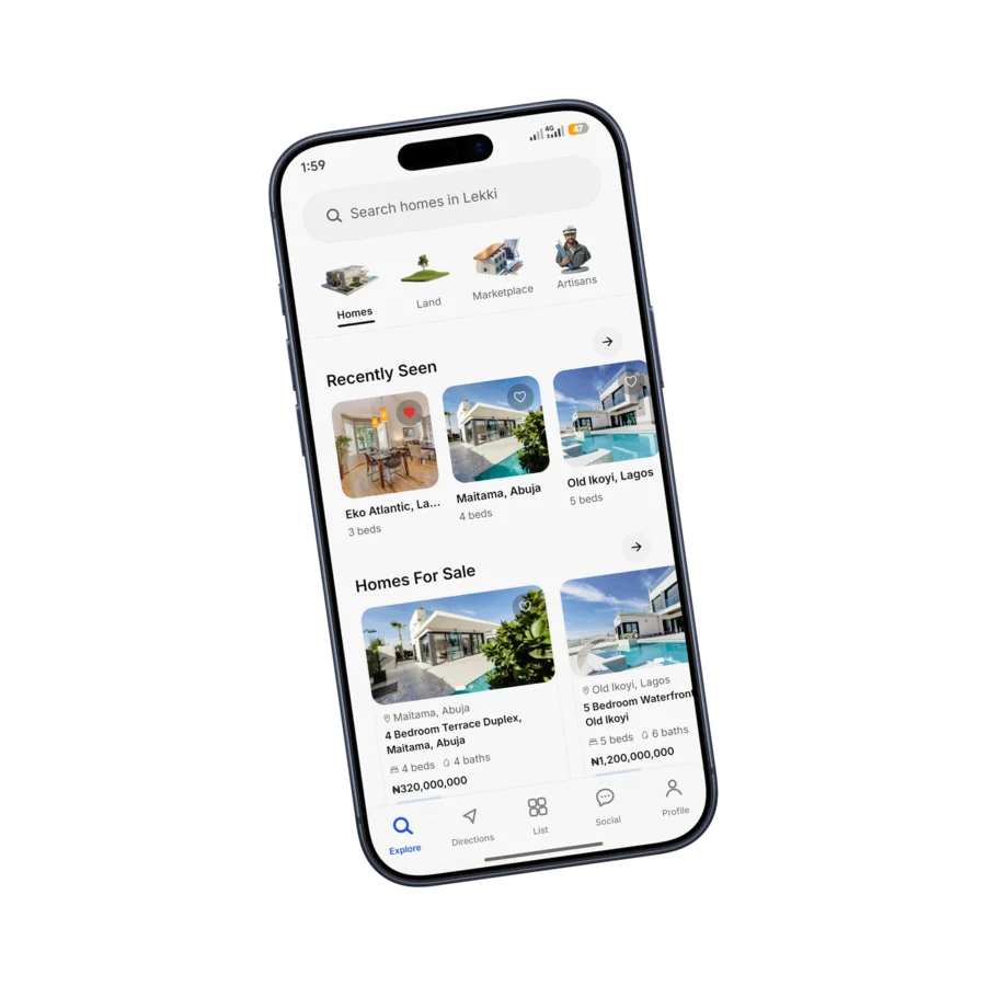 Landarover Explore screen showing Homes, Land, Marketplace, and Artisans