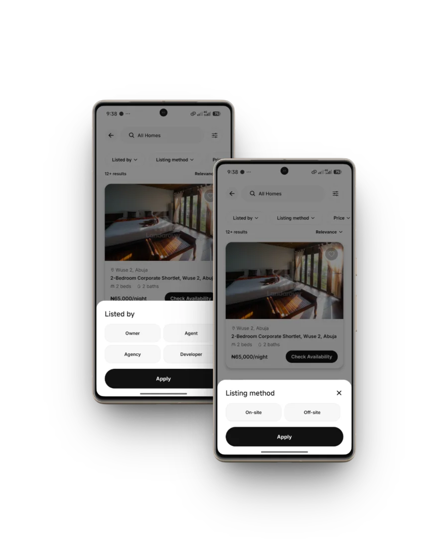 Landarover filter sheets showing Listed by (Owner, Agent, Agency, Developer) and Listing method (On-site, Off-site)
