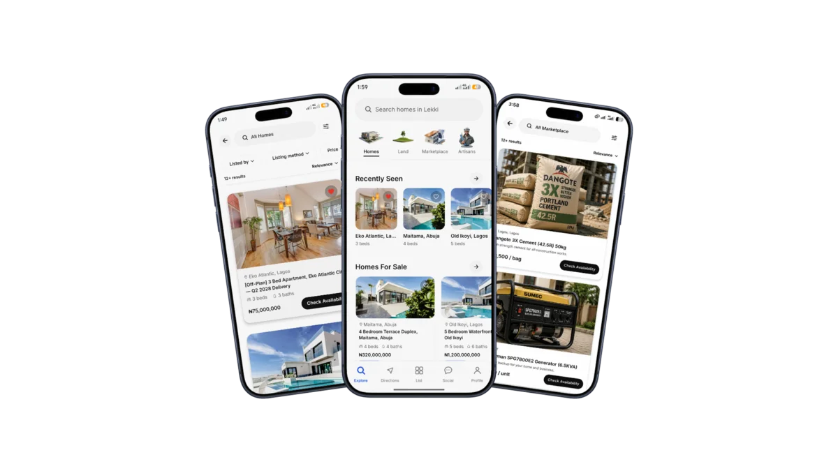 Landarover app screens showing home search, explore hub, and marketplace